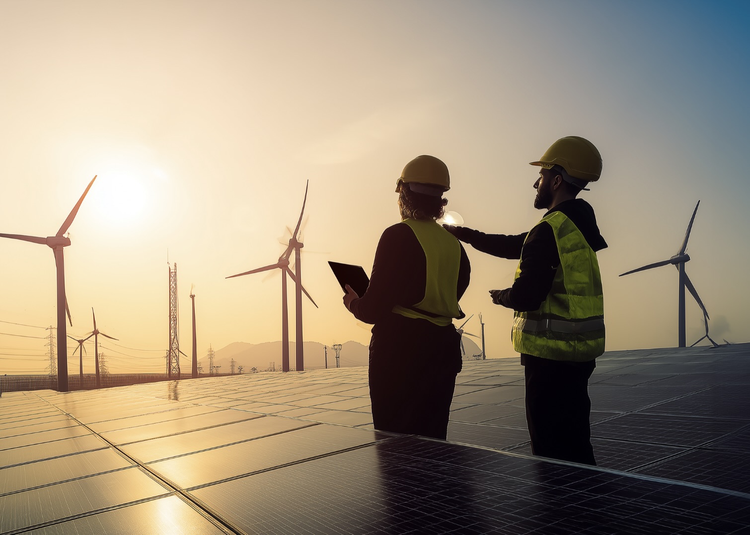 Two students discussing over a wind turbine 