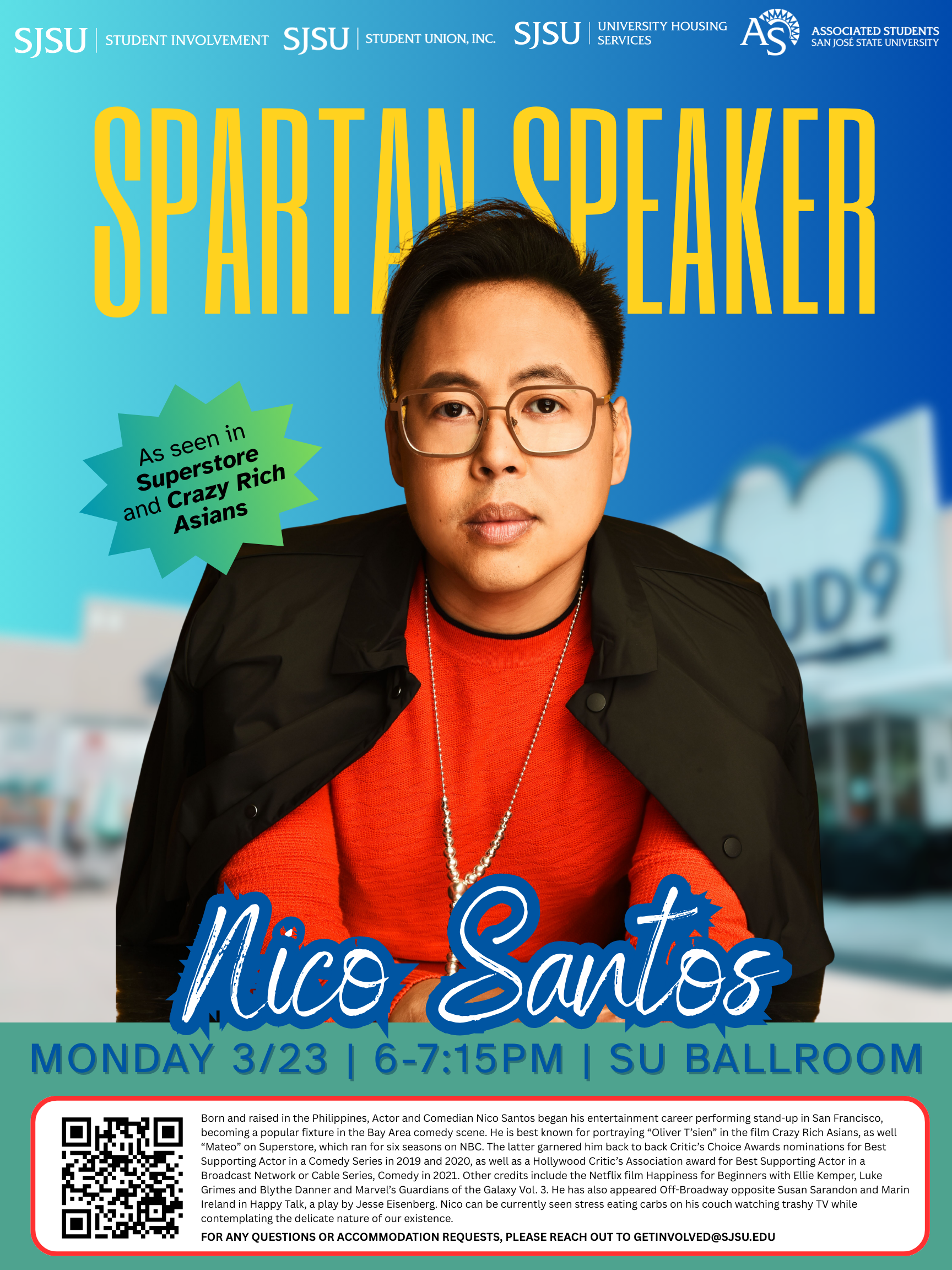 Promotional poster for an SJSU Spartan Speaker event featuring Nico Santos, with event date, time, and location details.
