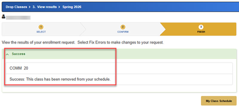 screenshot of success message after dropping a class on MySJSU