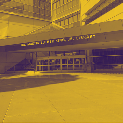 Image of the MLK library from the Tower Lawn side